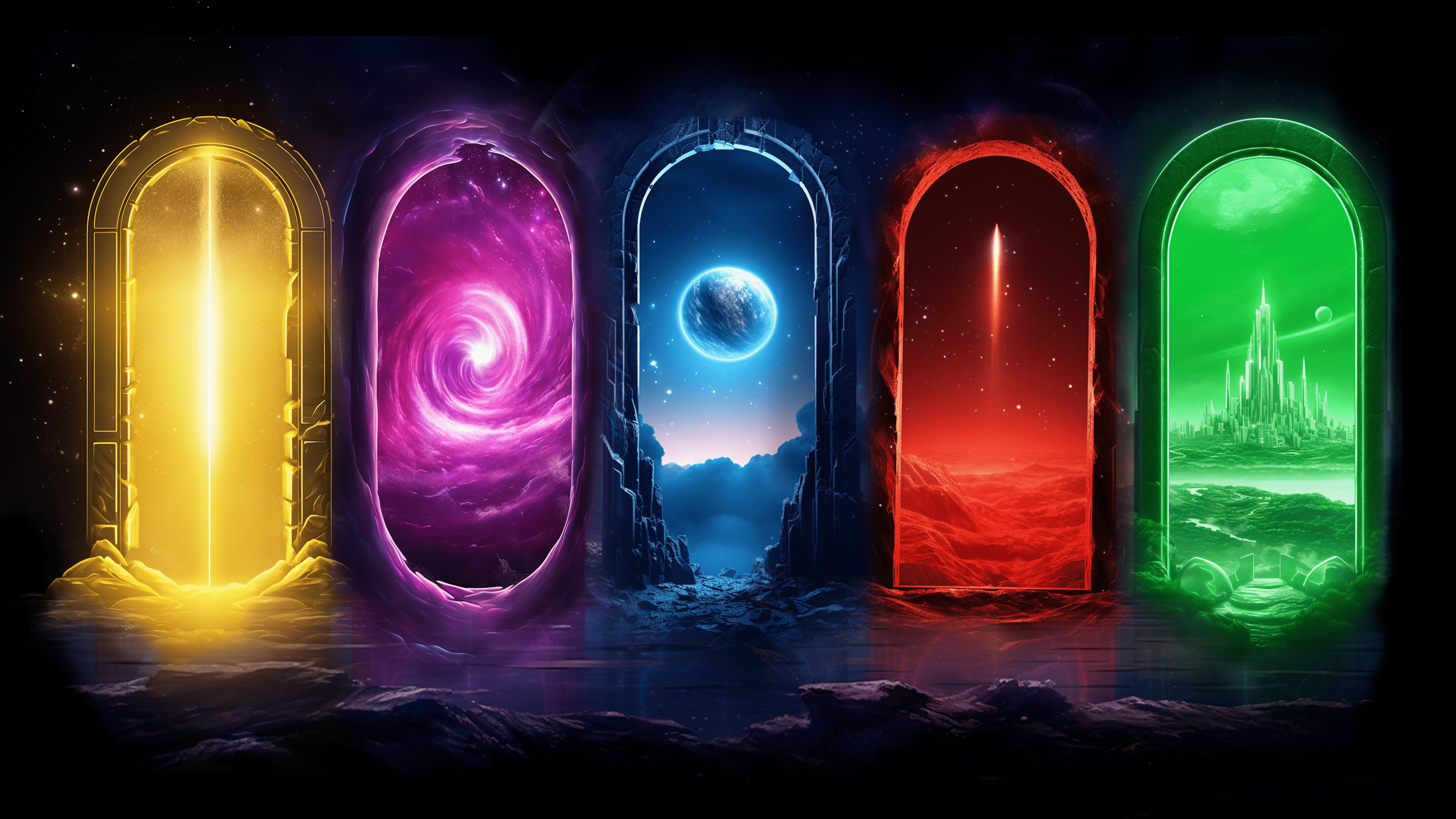 Five glowing portals representing the Zyetopia brands